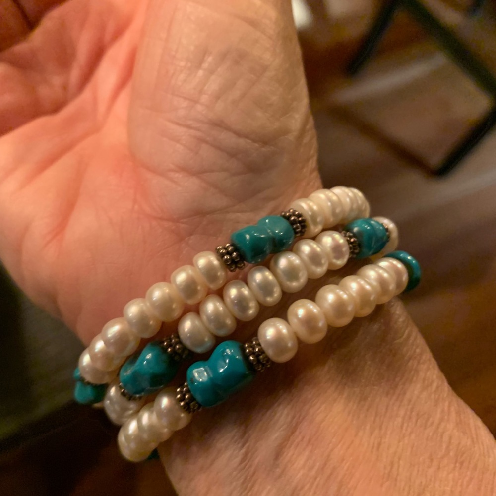Three Turquoise, pearl and silver stretch bracelets.